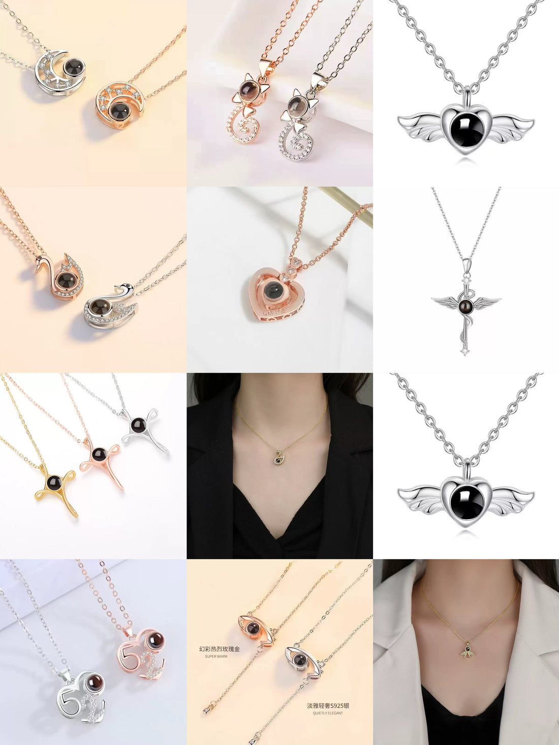 Collection of custom photo projection necklaces in various designs including angel wings, heart, swan, and cross styles, available in silver, gold, and rose gold.