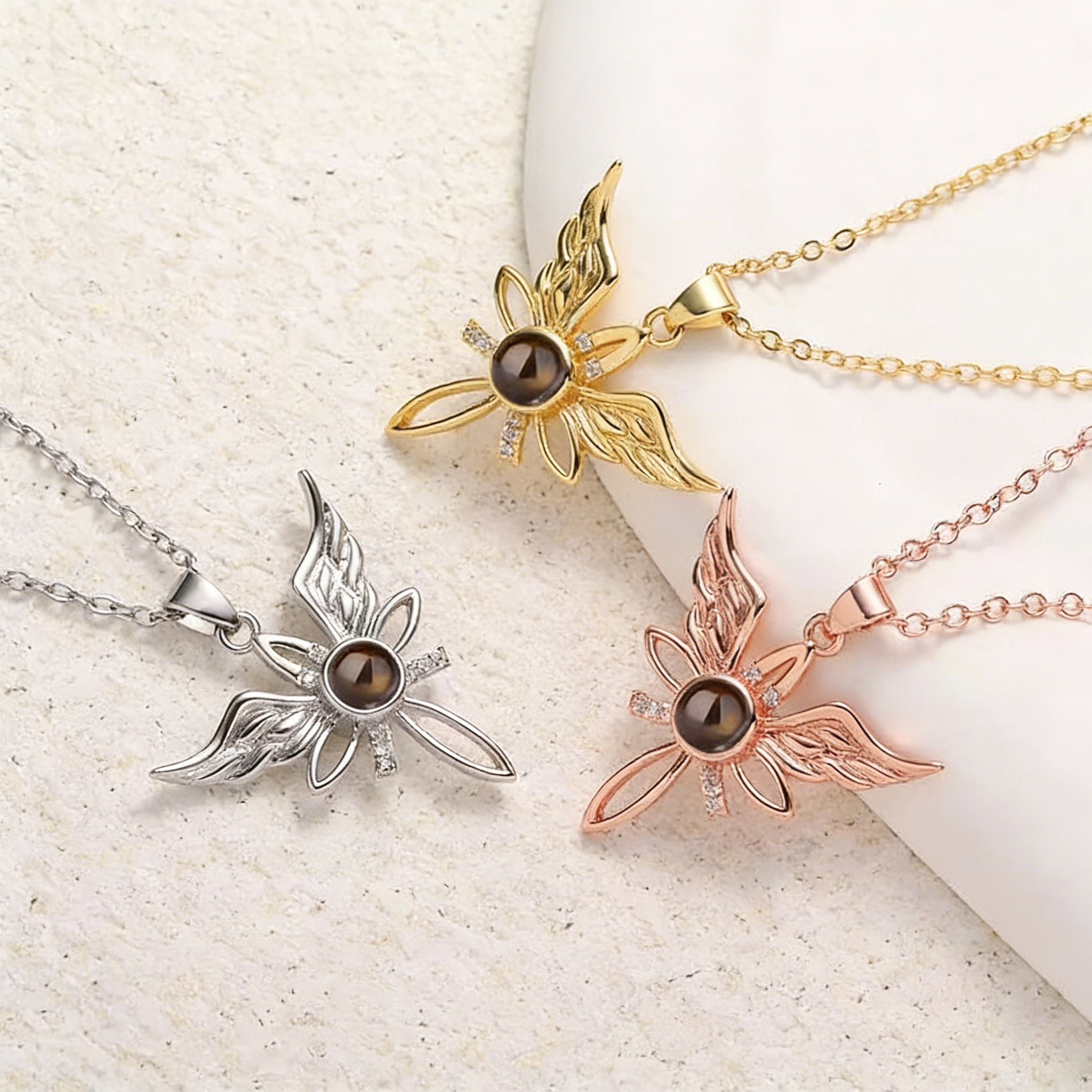 Custom Photo Projection Angel Wings Cross Necklace - Personalized Memorial Gift