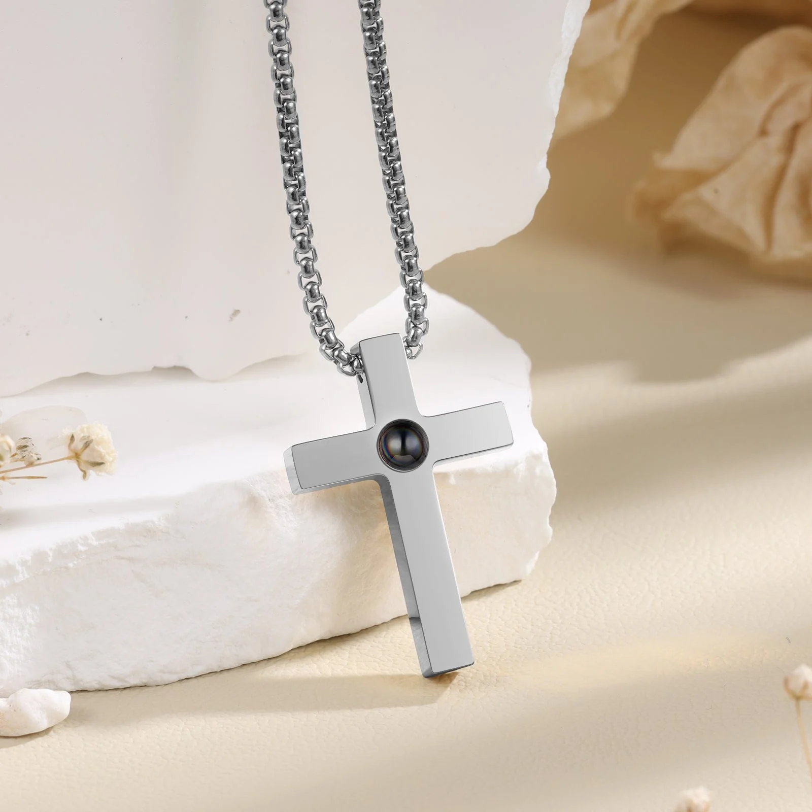Custom Minimalist Cross Photo Projection Necklace – Faith & Memorial Gift