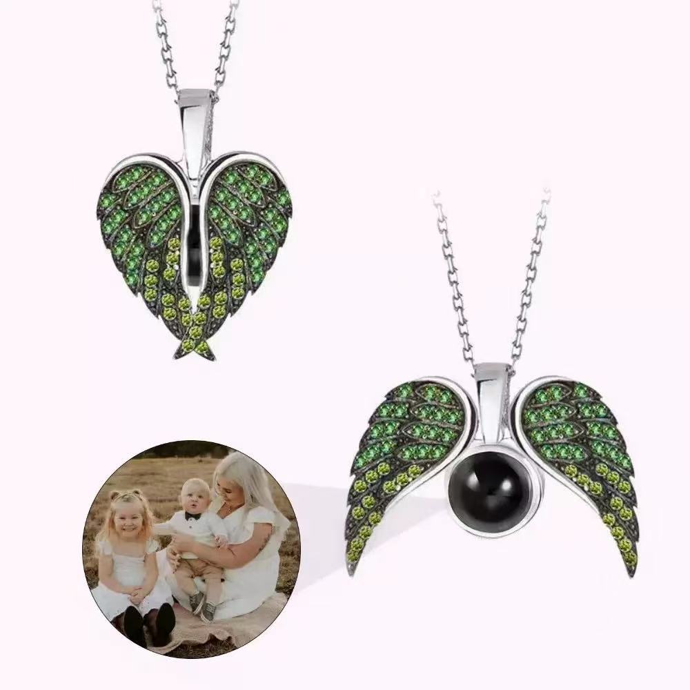 Custom Diamond Angel Wings Photo Projection Necklace – Guardian & Memorial Gift