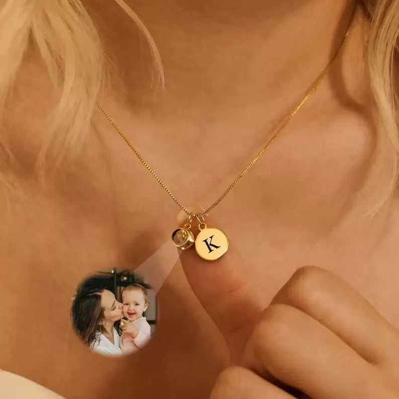 Custom Initial Disc Photo Projection Necklace – Personalized Letter Memorial Gift
