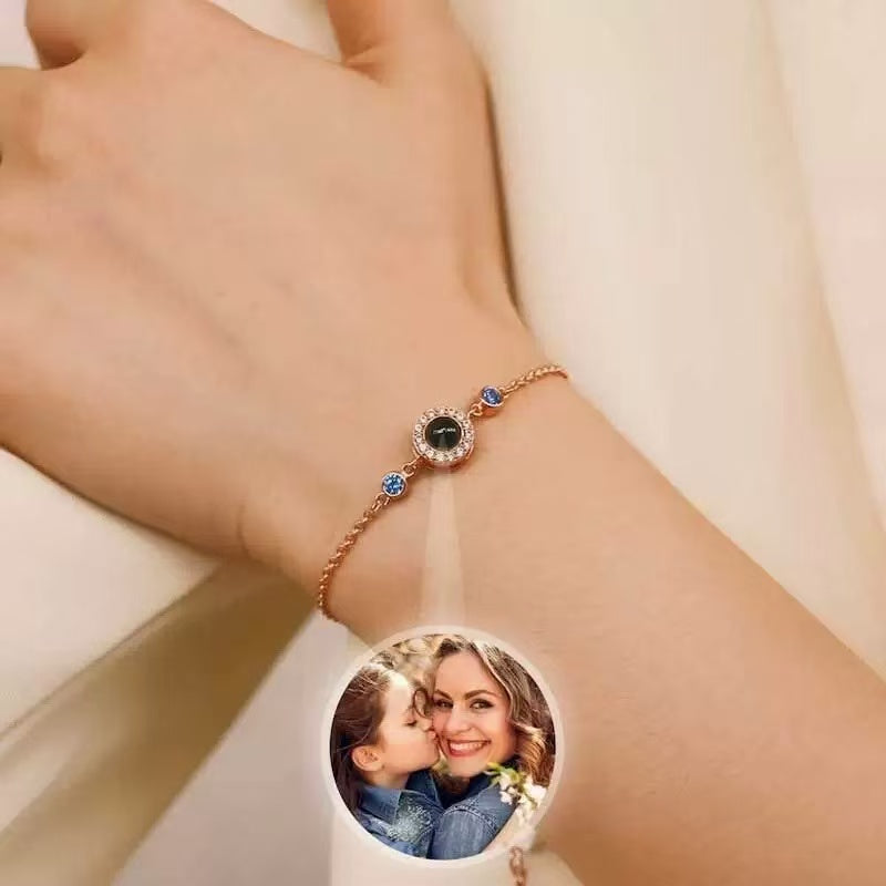 Minimalist personalized photo bracelet worn by woman, meaningful gift for her