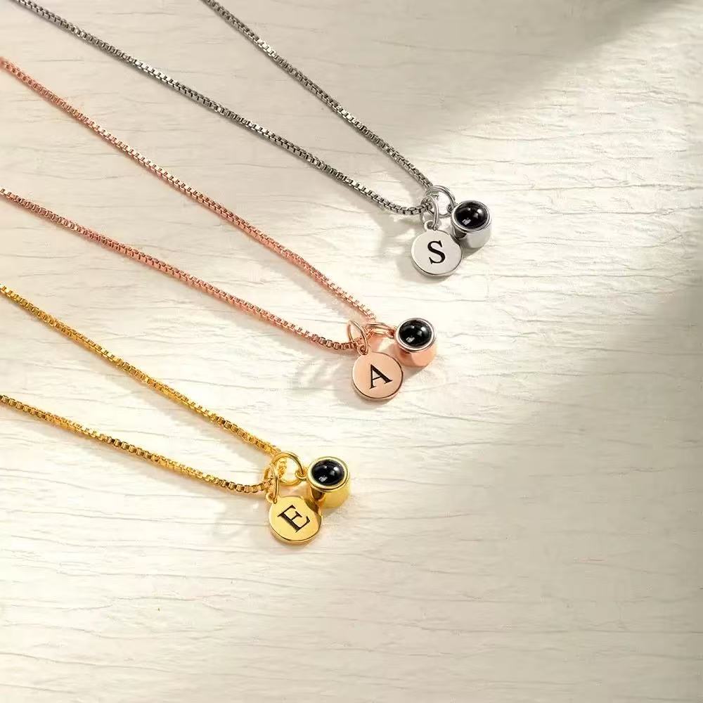 Custom Initial Disc Photo Projection Necklace – Personalized Letter Memorial Gift