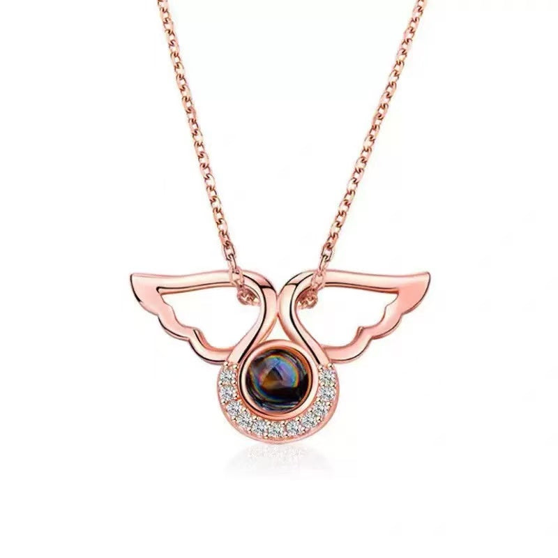 Custom Mini Angel Wings Photo Projection Necklace – 100 Languages I Love You  Gift