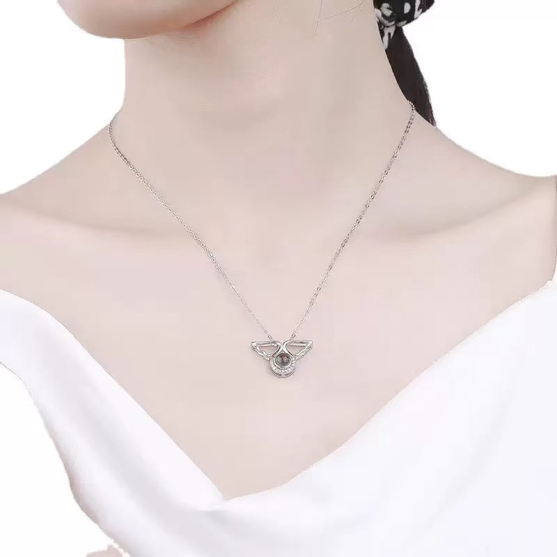 Custom Mini Angel Wings Photo Projection Necklace – 100 Languages I Love You  Gift