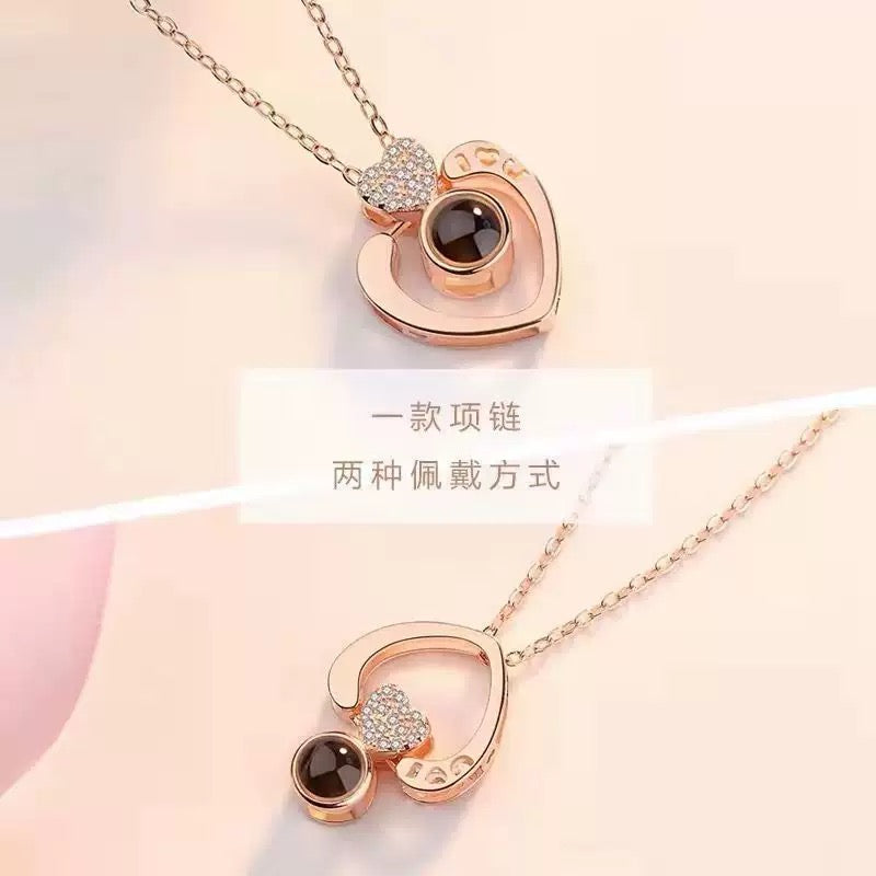 Custom Diamond Heart Photo Projection Necklace – 100 Languages I Love You 2-Way Wear
