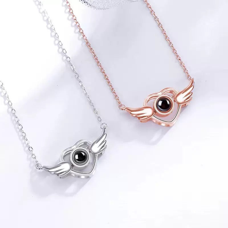 Photo Projection Angel Wing Necklace, Hidden Picture Heart Pendant Gift for Her