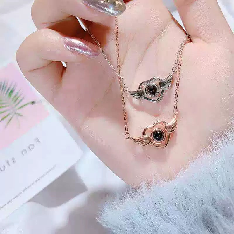 Photo Projection Angel Wing Necklace, Hidden Picture Heart Pendant Gift for Her