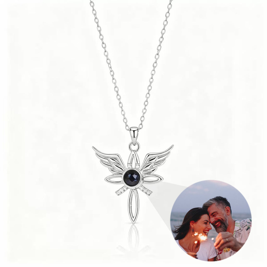 Custom Photo Projection Angel Wings Cross Necklace - Personalized Memorial Gift