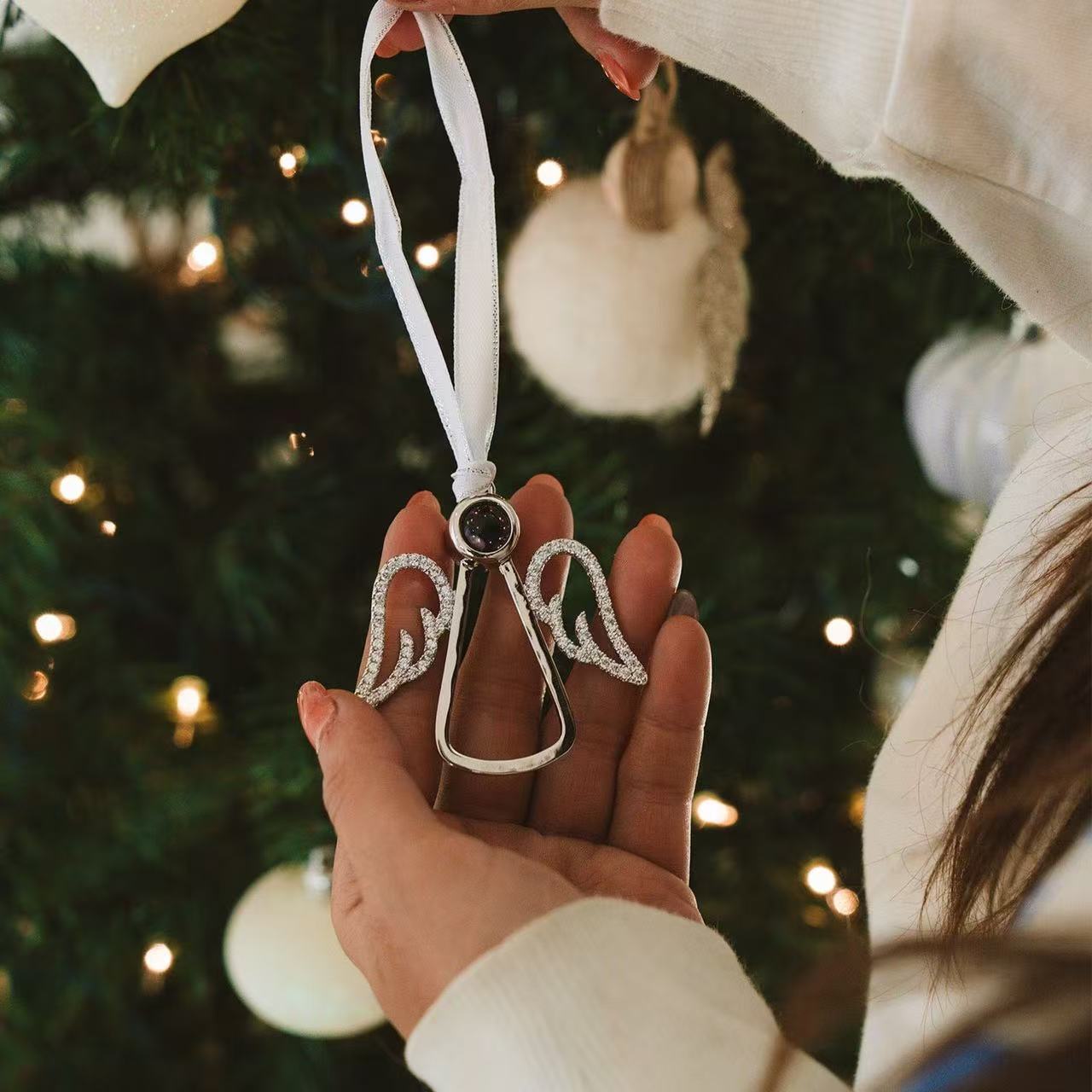 Custom Photo Projection Angel Wings Ornament – Memorial Keepsake for Loved Ones, Christmas & Sympathy Gift