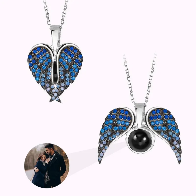 Custom Diamond Angel Wings Photo Projection Necklace – Guardian & Memorial Gift