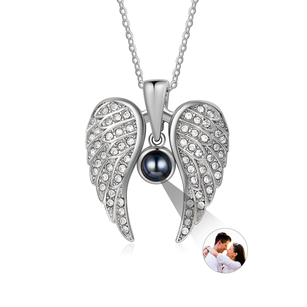 Custom Diamond Angel Wings Photo Projection Necklace – Guardian & Memorial Gift
