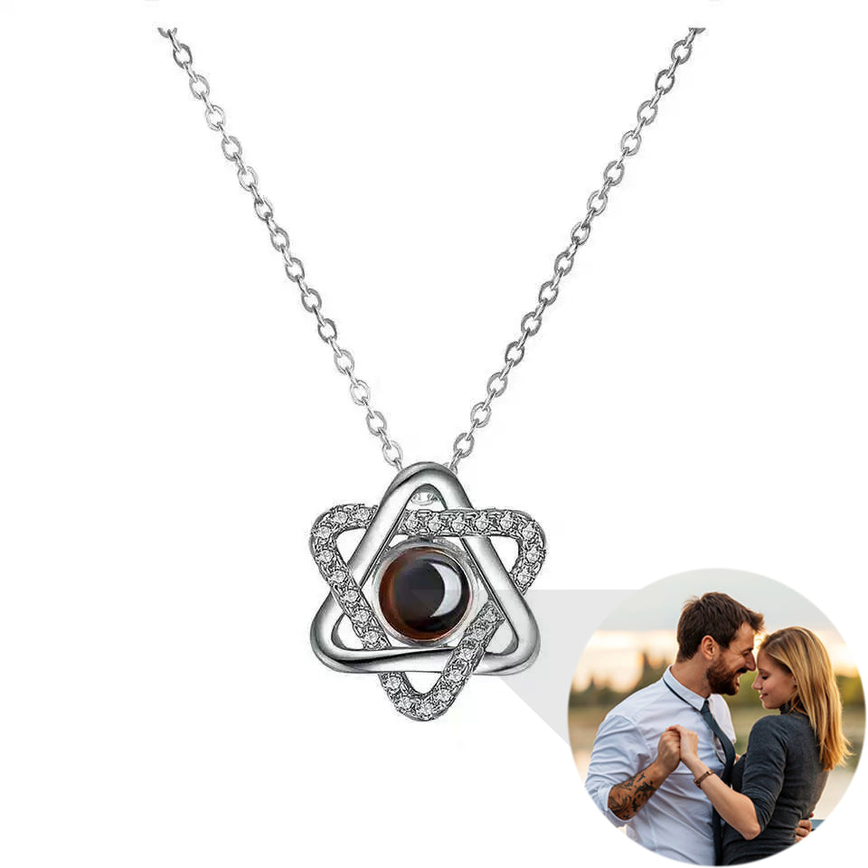 Custom Hexagram Star Photo Projection Necklace – 100 Languages I Love You Personalized Memorial Gift