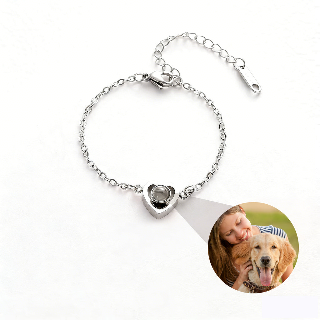 Custom Photo Projection Bracelet - Heart Style, Personalized Memorial Jewelry, 100 Languages I Love You
