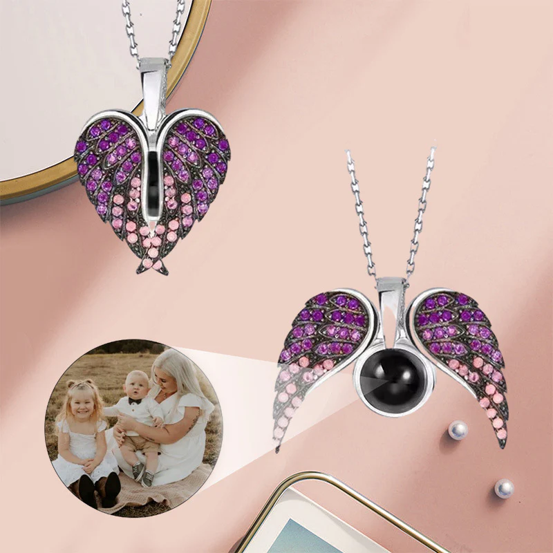 Custom Diamond Angel Wings Photo Projection Necklace – Guardian & Memorial Gift