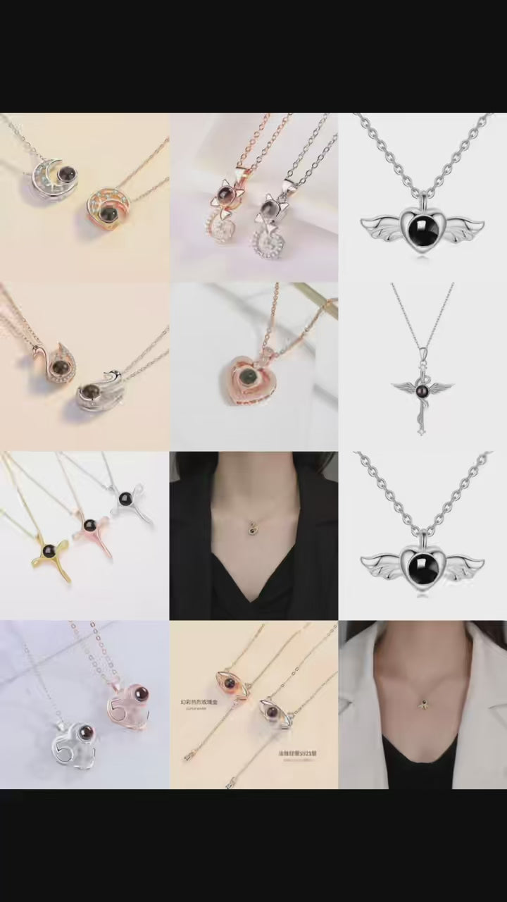 Custom Photo Projection Effect Video for Necklaces, Showcasing Personalized Photo Display on Different Pendant Designs